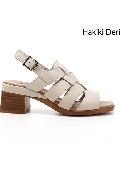 Kadın Bej Örgü Bantlı Kalın Topuklu Hakiki Deri Sandalet