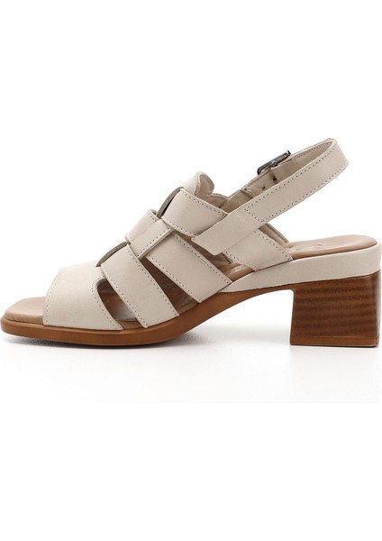 Kadın Bej Örgü Bantlı Kalın Topuklu Hakiki Deri Sandalet modelleri