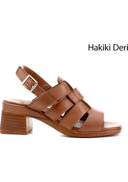 Kadın Taba Antik Örgü Bantlı Kalın Topuklu Hakiki Deri Sandalet