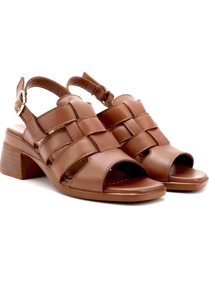 Kadın Taba Antik Örgü Bantlı Kalın Topuklu Hakiki Deri Sandalet fiyatları