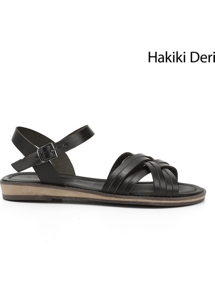 Kadın Siyah Çapraz Bantlı Hakiki Deri Sandalet