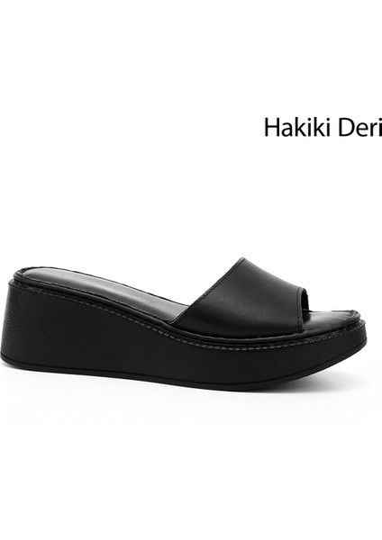 Kadın Siyah Dolgu Taban Hakiki Deri Terlik