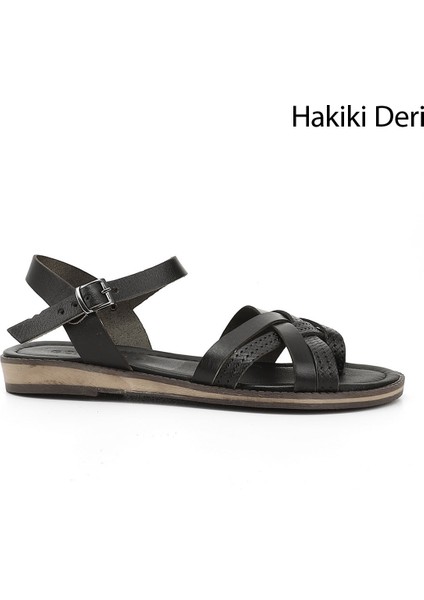 Kadın Siyah Parmak Arası Hakiki Deri Sandalet