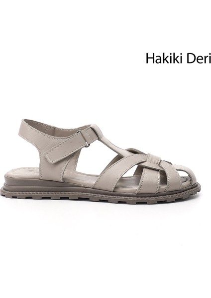 Kadın Dark Olive Cırt Bantlı Burnu Kapalı Hakiki Deri Sandalet