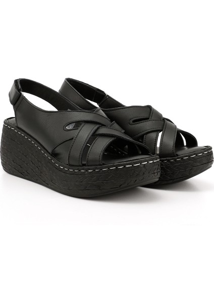 Kadın Siyah Cırt Bantlı Dolgu Topuk Hakiki Deri Sandalet fiyatları