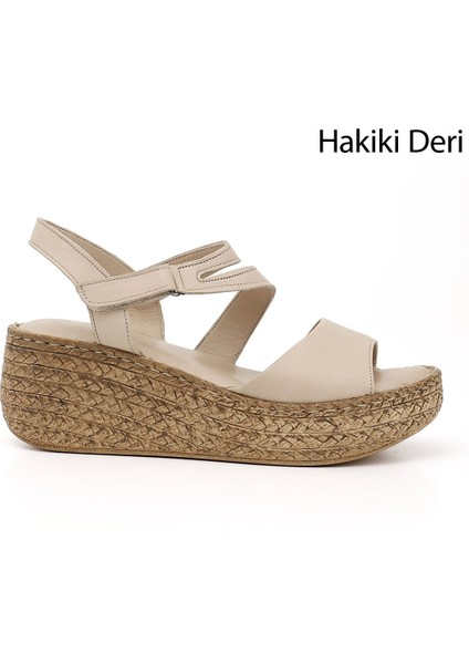 Kadın Antik Bej Cırt Bantlı Dolgu Topuk Hakiki Deri Sandalet