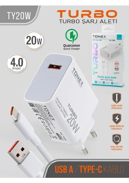 20W 4.0A USB To Type-C Turbo Şarj Başlığı+Kablolu Şarj Aleti - TY20W fiyatları