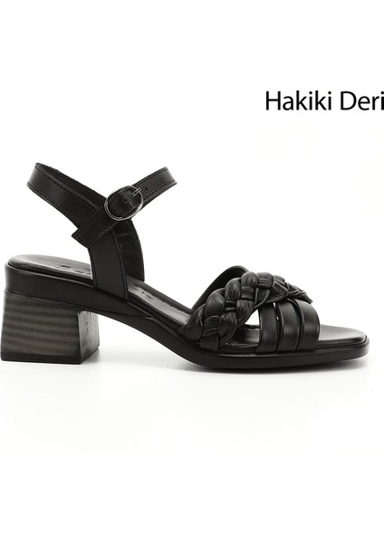 Kadın Siyah Bilek Bağlı Örgü Bantlı Hakiki Deri Sandalet