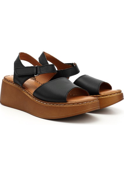 Kadın Siyah Dolgu Taban Hakiki Deri Sandalet fiyatları