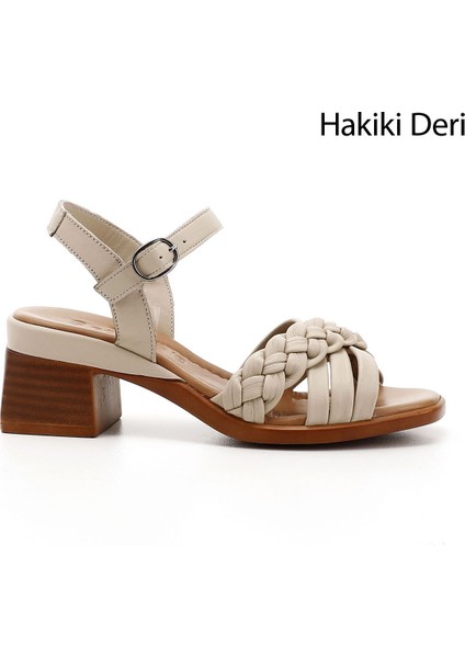 Kadın Bej Bilek Bağlı Örgü Bantlı Hakiki Deri Sandalet