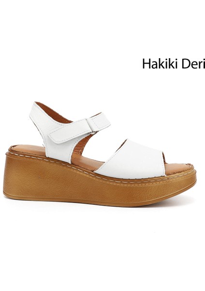 Kadın Beyaz Dolgu Taban Hakiki Deri Sandalet