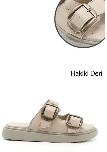 Kadın Bej Tokalı Dolgu Taban Hakiki Deri Comfort Terlik