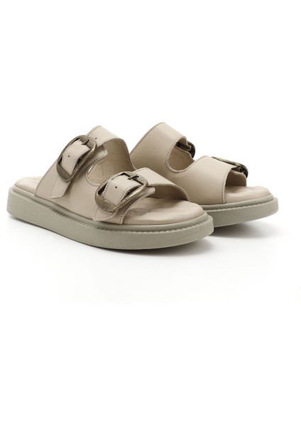 Kadın Bej Tokalı Dolgu Taban Hakiki Deri Comfort Terlik modelleri