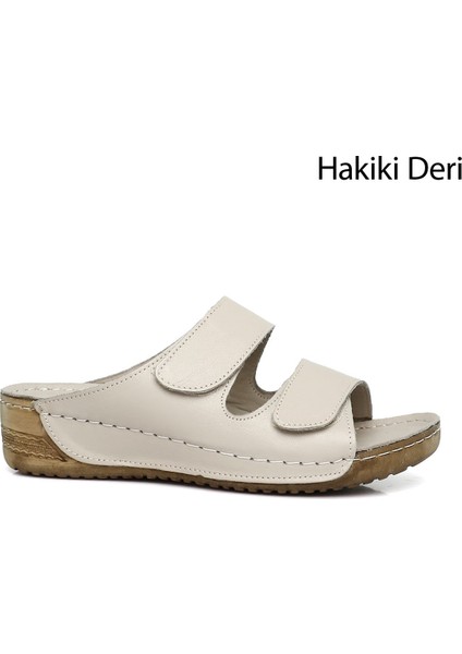 Kadın Krem Cırtlı Dolgu Taban Hakiki Deri Terlik