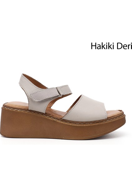 Kadın Krem Dolgu Taban Hakiki Deri Sandalet