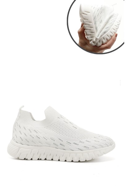 Kadın Beyaz Triko Taşlı Memory Foam Tabanlıklı Comfort Sneaker