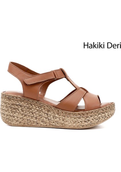 Kadın Taba Antik Cırt Bantlı Dolgu Topuk Hakiki Deri Sandalet