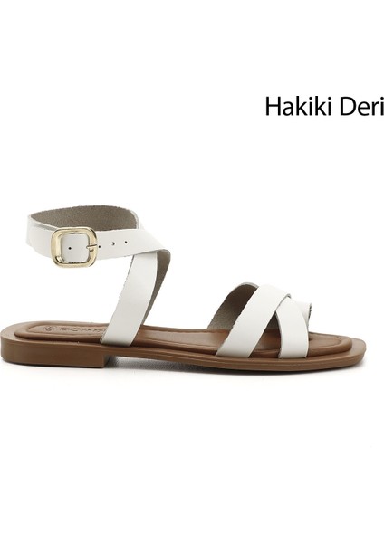Kadın Beyaz Parmak Arası Bilek Bağlı Hakiki Deri Sandalet