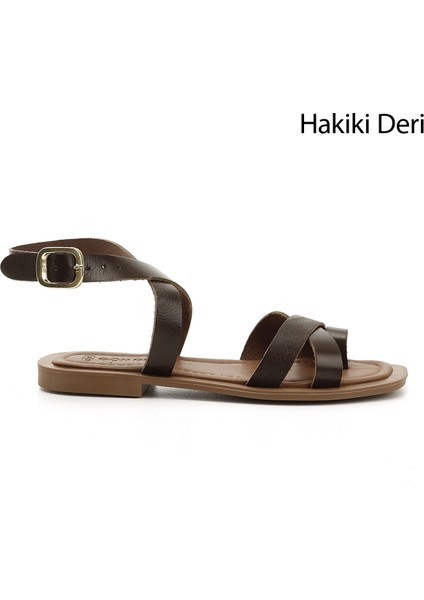 Kadın Kahve Parmak Arası Bilek Bağlı Hakiki Deri Sandalet