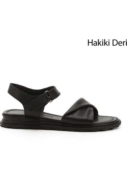 Kadın Siyah Cırt Bantlı Hakiki Deri Sandalet