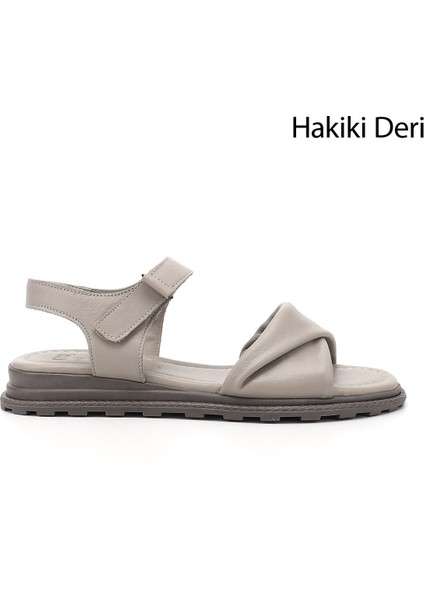 Kadın Dark Olive Cırt Bantlı Hakiki Deri Sandalet