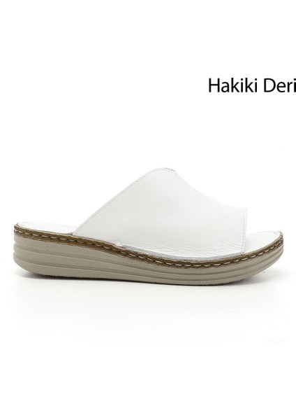 Kadın Beyaz Dolgu Topuk Hakiki Deri Comfort Terlik