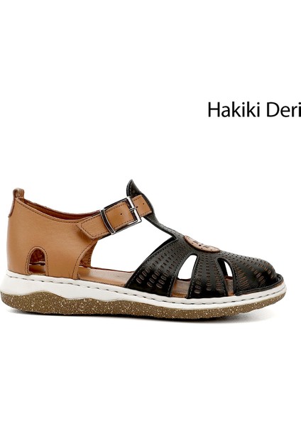 Kadın Siyah Dolgu Topuk Hakiki Deri Sandalet