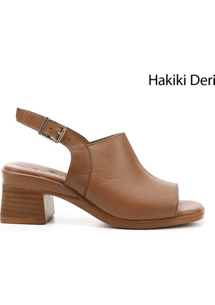 Kadın Taba Kalın Topuklu Hakiki Deri Sandalet