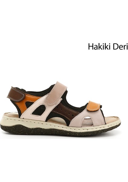 Kadın Taba - Vizon Cırt Bantlı Dolgu Topuk Hakiki Deri Comfort Sandalet
