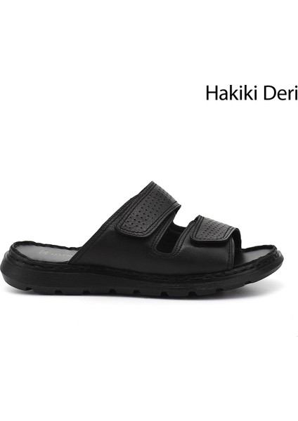 Erkek Siyah Çift Cırtlı Hakiki Deri Comfort Terlik