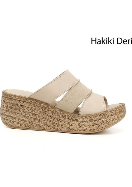 Kadın Antik Bej Dolgu Topuk Hakiki Deri Terlik