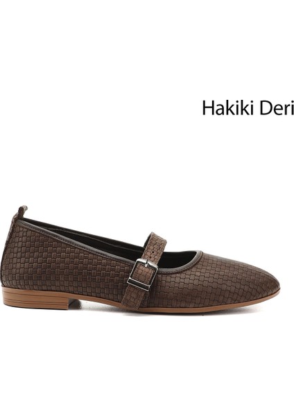 Kadın Kahve Hasır Baskılı Mary Jane Hakiki Deri Babet