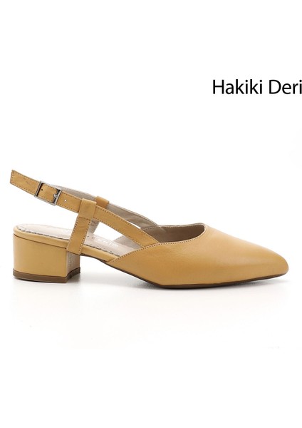 Kadın Hardal Kalın Topuklu Arkası Açık Hakiki Deri Ayakkabı