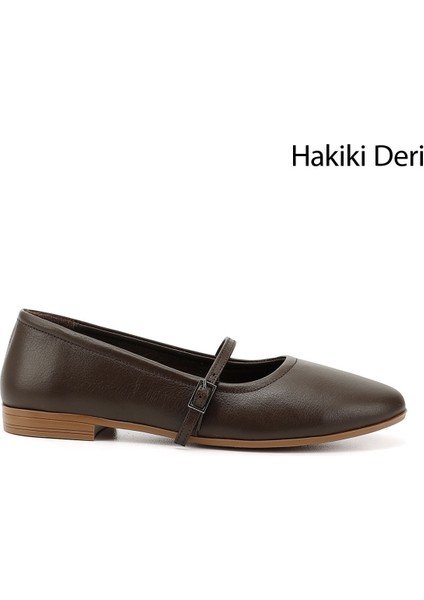 Kadın Kahve Mary Jane Hakiki Deri Babet