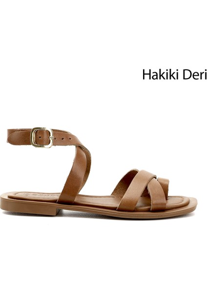 Kadın Taba Parmak Arası Bilek Bağlı Hakiki Deri Sandalet