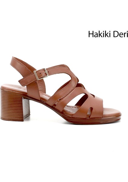 Kadın Taba Kalın Topuklu Hakiki Deri Sandalet