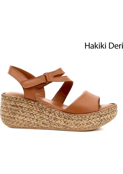 Kadın Taba Cırt Bantlı Dolgu Topuk Hakiki Deri Sandalet