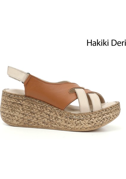 Kadın Bej - Taba Cırt Bantlı Dolgu Topuk Hakiki Deri Sandalet