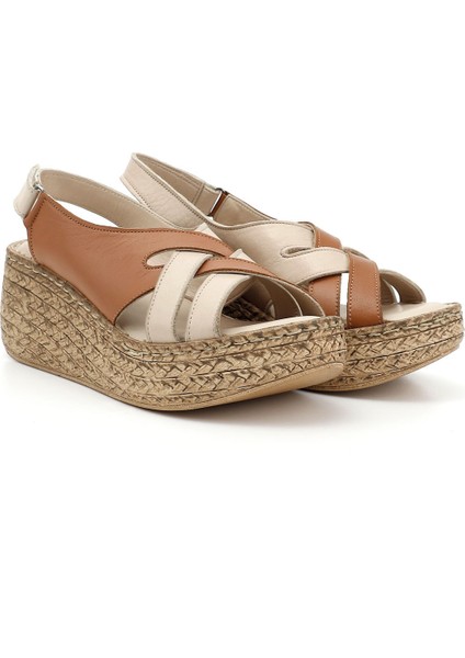Kadın Bej - Taba Cırt Bantlı Dolgu Topuk Hakiki Deri Sandalet fiyatları
