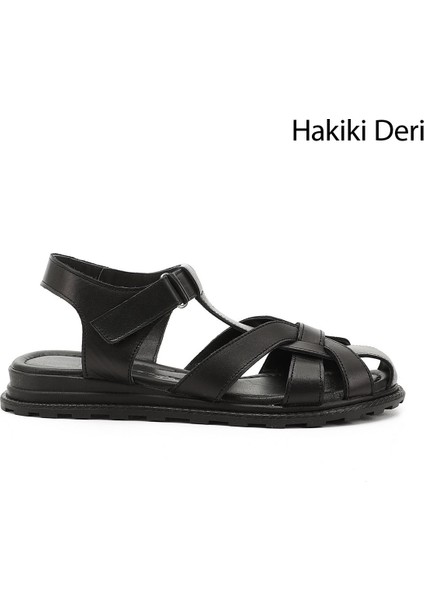 Kadın Siyah Cırt Bantlı Burnu Kapalı Hakiki Deri Sandalet