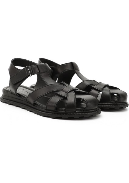Kadın Siyah Cırt Bantlı Burnu Kapalı Hakiki Deri Sandalet fiyatları