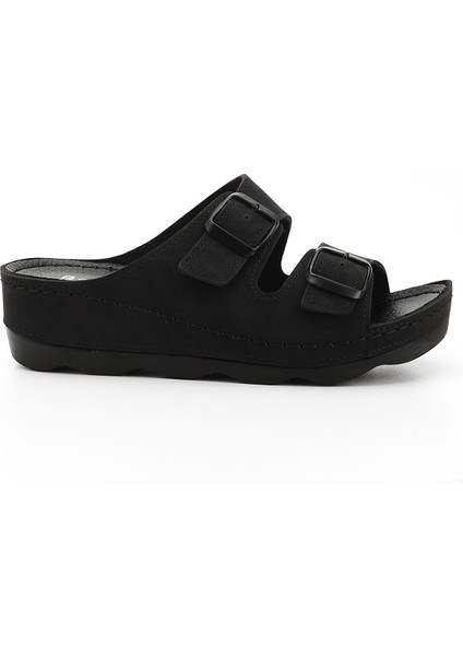 Kadın Siyah Tokalı Dolgu Topuk Comfort Terlik