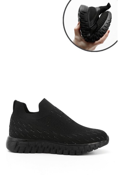 Kadın Siyah Triko Taşlı Memory Foam Tabanlıklı Comfort Sneaker