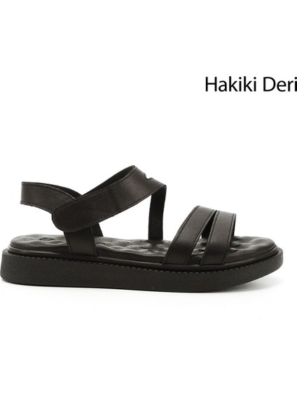 Kadın Siyah Cırt Bantlı Dolgu Taban Hakiki Deri Comfort Sandalet