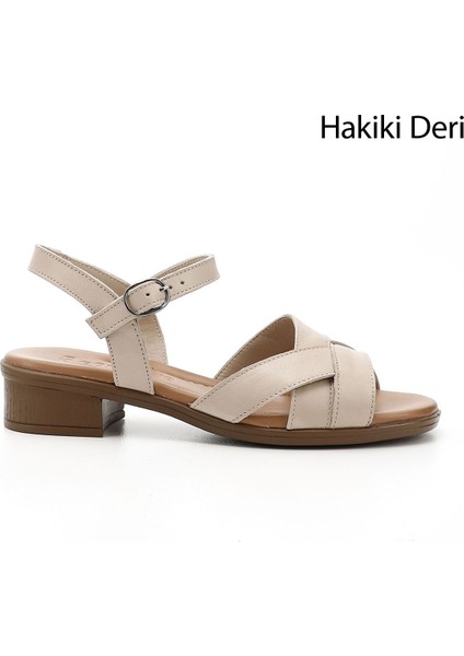 Kadın Antik Bej Kısa Kalın Topuklu Hakiki Deri Sandalet