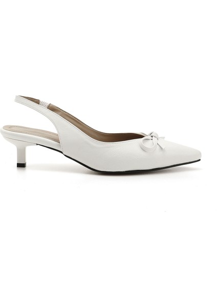 Kadın Beyaz Kısa İnce Topuklu Fiyonklu Arkası Açık Ayakkabı