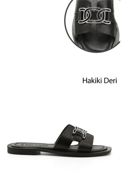 Kadın Siyah Tokalı Hakiki Deri Terlik
