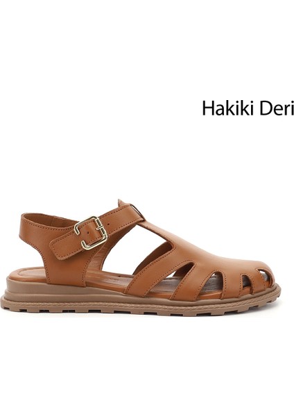 Kadın Taba Antik Tokalı Burnu Kapalı Hakiki Deri Sandalet