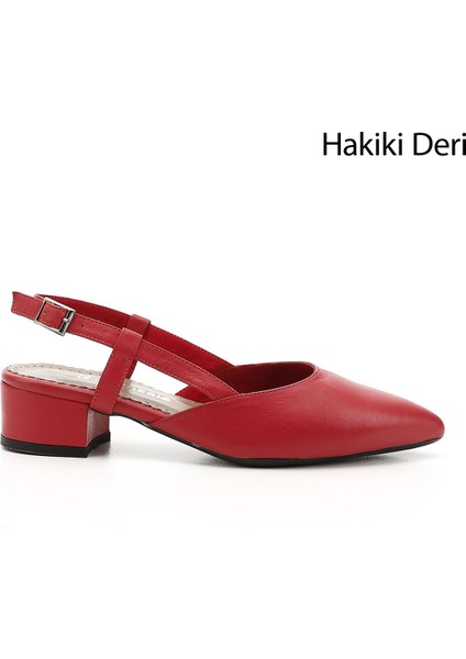 Kadın Kırmızı B Kalın Topuklu Arkası Açık Hakiki Deri Ayakkabı