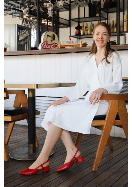 Kadın Kırmızı B Kalın Topuklu Arkası Açık Hakiki Deri Ayakkabı fiyatları